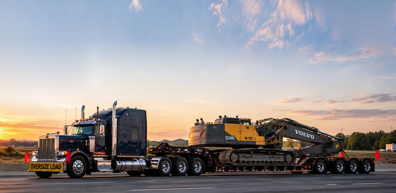 Star Hauling Logistics truck hauling an excavator on a lowboy trailer at sunrise